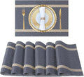 FAVE Placemats Set of 6 Blue Placemats Woven with Golden Thread Durable and Wipeable Vinyl Placemat Heat Resistant Table Mats Set of 6 High Texture Place Mats for Kitchen Table（Blue placemat）