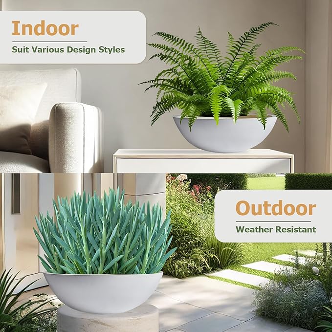 7.7" H x 22" D Round Bowl Fiberstone Planter for Succulent and Lotus with Drainage Hole, Smooth Finishes, Weather Resistant, Included 2 Extra Coco Mats (White, 19.9" Pot Opening)