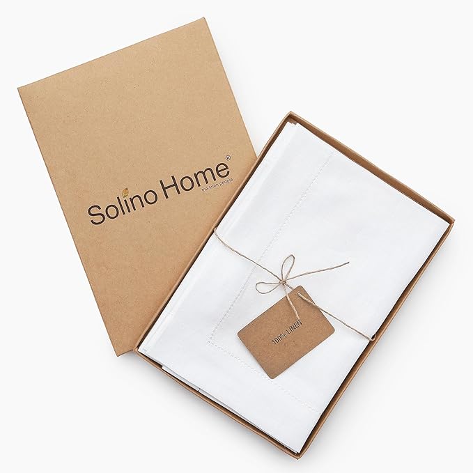 Solino Home White Linen Napkins Set of 6-100% Pure Linen Hemstitch Dinner Napkins 20 x 20 Inch for Winter, Valentines, Spring, Easter - Classic Hemstitch