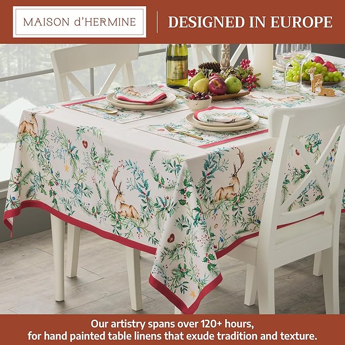 Maison d' Hermine Table Cloth Rectangle Table 100% Cotton 70 x 108 Inches Fall Tablecloth Reusable Everyday Use for Thanksgiving Christmas Decorations Dining Farmhouse Party (Holly Time)
