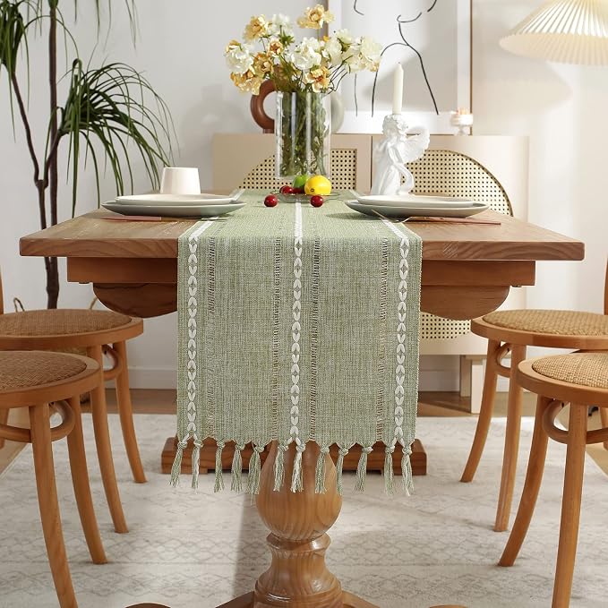 Wracra Rustic Linen Table Runner, Sage Green Table Runners 48 inches Long | - Image 5