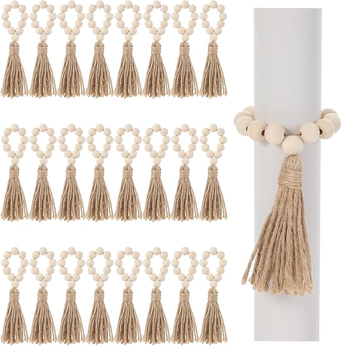 24 Pcs Wood Bead Napkin Rings by Unknown