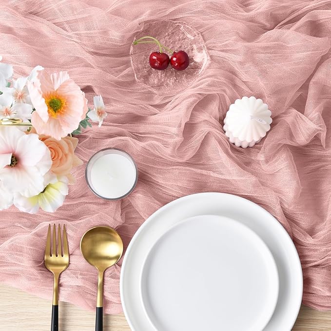 Joanlody Dusty Rose Cheesecloth Table Runner Spring Easter 10Ft Rustic Gauze Boho Cheese Cloth Table Runner for Wedding Bridal Baby Shower Decoration
