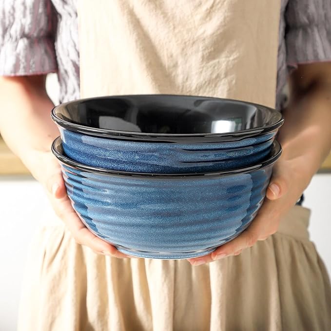 Serving Bowls, 60oz Ceramic Mixing Bowls Set of 2 for Baking Cooking Kitchen Party, 8.4 inch Large Durable Bowls for Soup Salad Ramen Pho Fruit Cereal Popcorn, Microwave & Dishwasher Safe, Blue