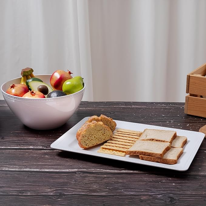 Melamine Beaded Serving Platters for Appetizer, Veggie, Charcuterie,Dessert, Set of 4, White Serving Trays for Party & Entertaining, Large Unbreakable Rectangular Party Platters, Dishes