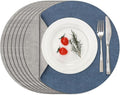 Myir JUN Reversible Vinyl Round Placemats Set of 8, Faux Leather Place Mats Dual Sided Waterproof Wipeable, Heat-Resistant Table Mats for Kitchen Dining Indoor Outdoor (14", Light Gray Navy Blue)