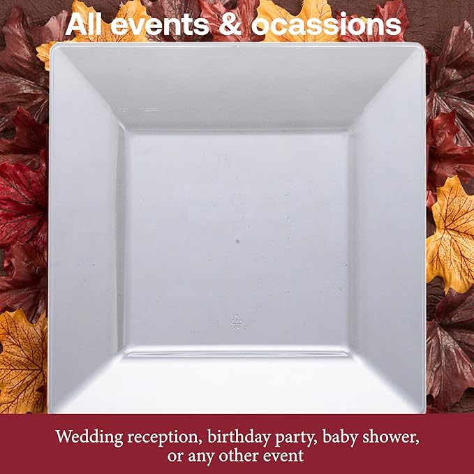 Smarty Had A Party 120 Elegant Disposable Plastic Dinnerware, 9.5" Heavy Duty Fancy Square Clear Plates for Parties and Events, Durable Supplies for All Occasions