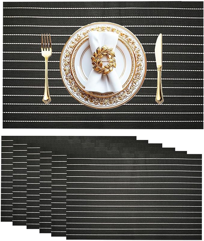 Placemats Set of 6 Vinyl Washable Placemats, 18"x12" Wipeable Heat-Resistant Non-Slip Easy Clean Table Mats Ideal for Dining Table Table Runner and Outdoor (6, Black White Stripe Black)