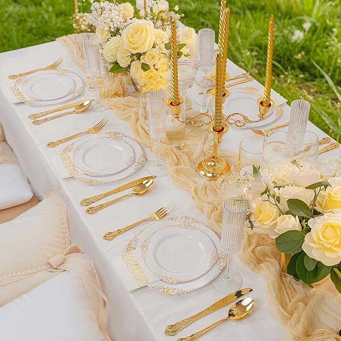 Ciaell 300PCS White and Gold Plastic Plates - Gold Disposable Dinnerware Sets for 50 Guests - 100 Plates, 50 Knives, 50 Forks, 50 Spoons, and 50 Napkins for Wedding, Anniversary, Party