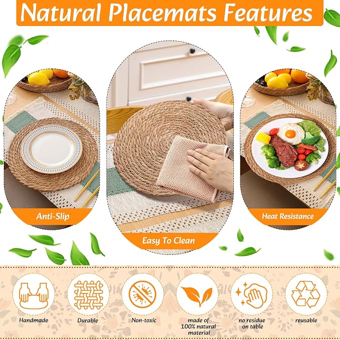 6 Sets Boho Decoration Placemats Round Woven Placemats, Cloth Napkins, Wood - Image 6