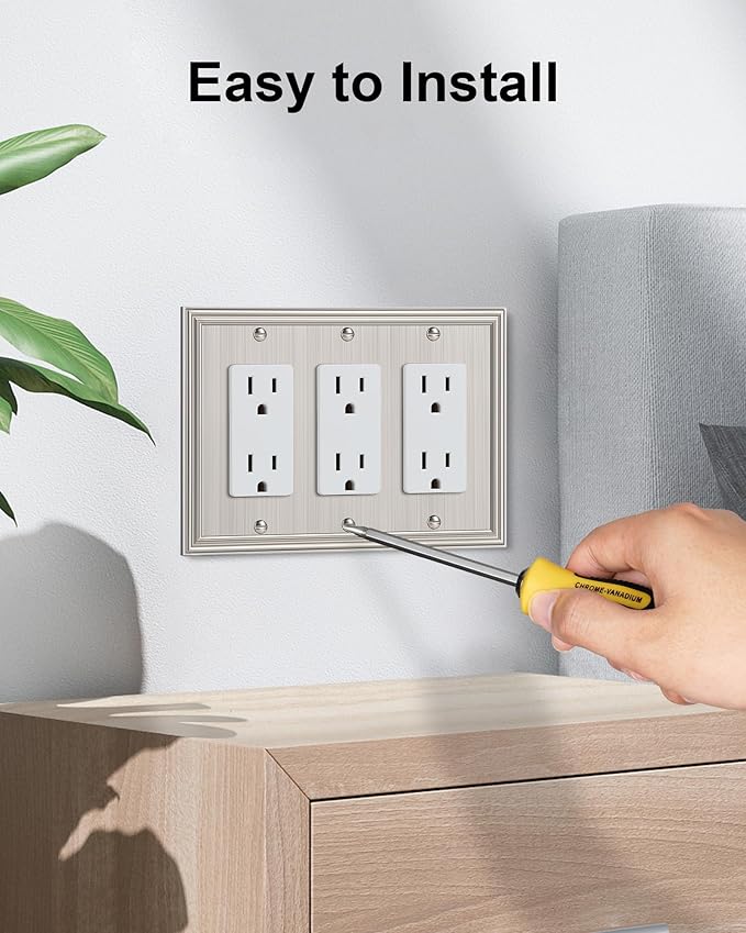 2-Pack Decorative Tripple Decorator Outlet Cover Plate, Durable Zinc Alloy Brushed Nickel Wall Plates for Electrical Outlets, Receptacle, GFCI Outlet, Dimmer Switch, 3-Gang