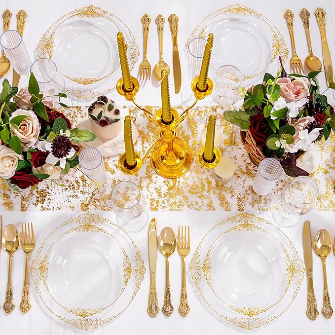 100PCS Clear Gold Plastic Bowls - 12 oz Clear Disposable Salad Bowls - Heavy Duty Disposable Soup Bowl - Fancy Plastic Ice Cream Bowl for Weddings, Parties, Dinners, Picnics,
