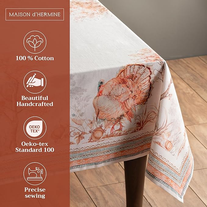 Maison d' Hermine Table Cloth Rectangle Table 100% Cotton 70 x 120 Inches Fall Tablecloth Reusable Everyday Use for Thanksgiving Christmas Decorations Dining Farmhouse Party (Giving Thanks)