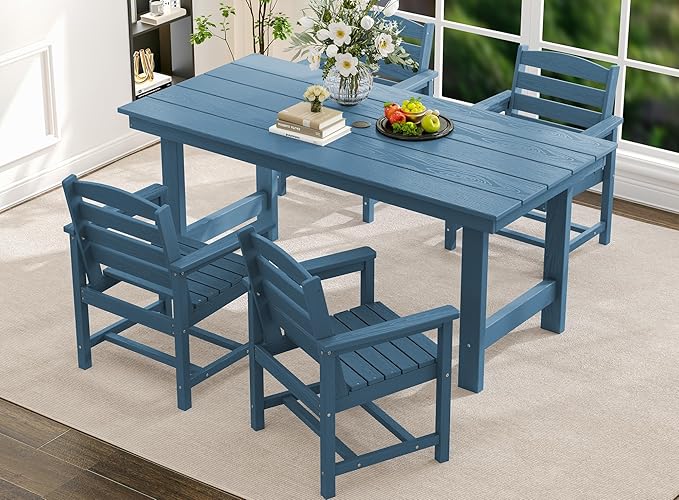 SERWALL Dining Table Chairs Set for 4，67" Extended Large Dining Table with 4 Chairs, HDPE Dining Set for Home, Kitchen, Dining Room, Blue