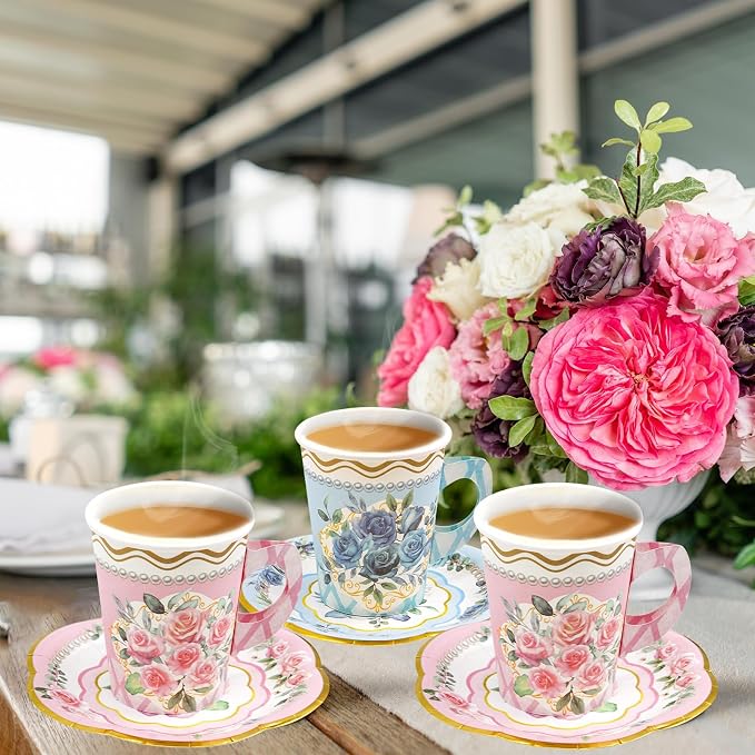 WorldBazaar Floral Tea Party Dinnerware Disposable Cups and Saucers 24 Set | 9oz - Image 6