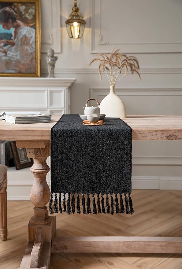 Black Table Runners 72 Inches Long, Burlap Linen Style Rustic Farmhouse Table - Image 2