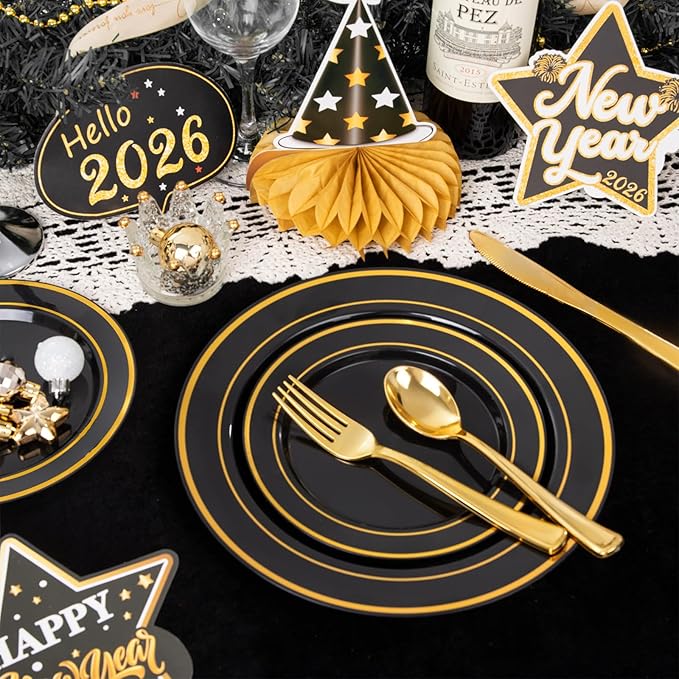 WDF 200PCS Black and Gold Plastic Plates - Black Plates Disposable for Party - Heavy Duty Plastic Plate for New Year
