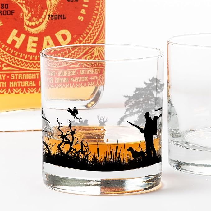 Black Lantern Whiskey Glass Set of 2 - Hunting Landscape Rock Glasses 11oz. Old Fashioned Glassware Set