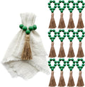Napkin Rings Set of 12,Wooden Napkin Ring,Wood Bead Elastic Farmhouse Napkin Holder with Tassel,Boho Napkin Rings for Table Decor,Weeding,Dinner,Party (Green)