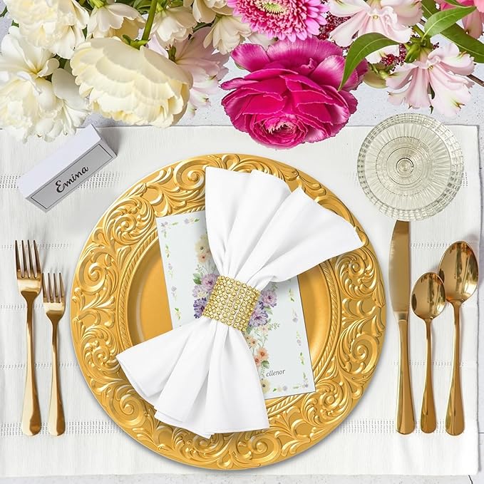PROY 100 Pcs Antique Gold Charger Plates Bulk, 13in Plastic Embossed Dinner Gold Chargers, Round Phoenix Pattern Elegant Floral Charger Plates for Dinner Wedding Party Event Table Setting Decoration