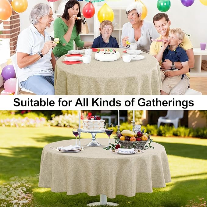 JIUZHEN Faux Linen Round Tablecloths 102 inch, Decorative Wrinkle Free Texture Rustic Circle Table Cloth Cover for Kitchen, Dining, Party, Wedding, Outdoor Use (102 Inch Round,Beige)