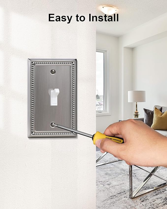 6-Pack Single Toggle Light Switch Cover Plate, Pearls Decorative Switch Plate Covers, Antique Silver 1 Gang Metal Wall Plate, Corrosion Resistant