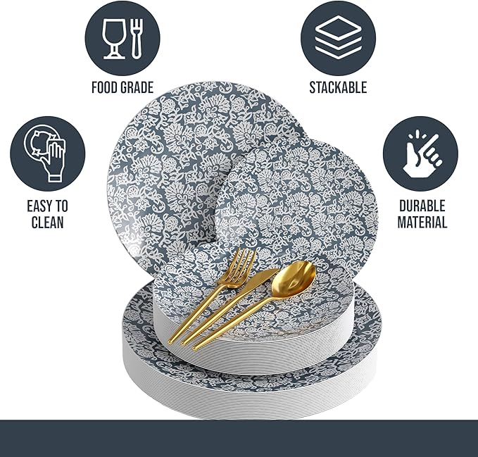 Trendables Fancy Plastic Dinnerware Sets 200 Pc 40 Guests Gold Silverware Disposable 40 X 10 Inch Charger Plates 40 X 8 Inch Dessert Plates 40 x Gold Plastic Forks and Spoons Knives In Garden Damask