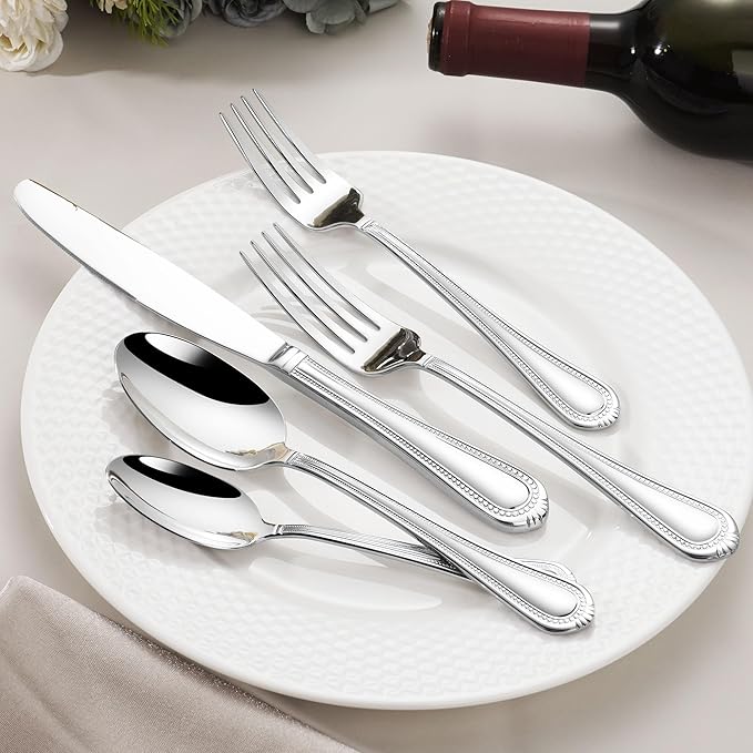 Heavy Duty Silverware Set for 12, 18/10 Stainless Steel, 60 Pieces Silverware Knife Spoon and Fork Set, Dishwasher Safe Flatware Set with Beaded Edge Handle