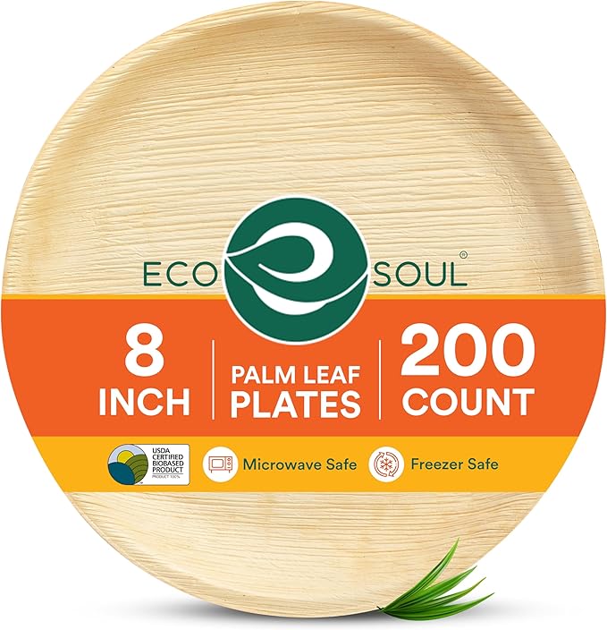ECO SOUL Palm Leaf Plates 8"(200 Count) Round Compostable Bamboo Plates Heavy- Duty, Biodegradable Eco-Friendly Dinnerware for Christmas Party Dinner, Wedding, Holiday & Event