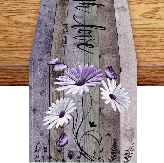 Daisy Floral Table Runner, Rustic Purple Wild Flowers Wooden Boho Spring by Unknown