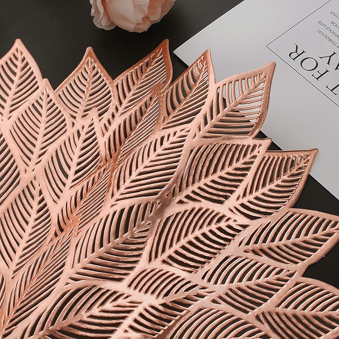 Placemats Set of 4, Round Hollow Out Flowers Place Mats for Dining Table Pressed Vinyl Blooming Leaf Table Mats for Holiday Party Wedding Accent Centerpiece Dinner Table Decoration (Rose Gold)