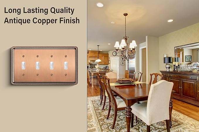 Henne Bery Rope Edge Decorative Wall Plate Switch Plate Outlet Cover (Quad Toggle, Antique Copper)