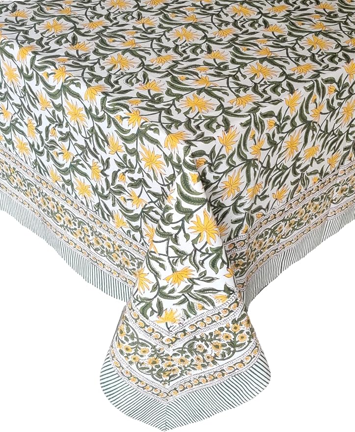 ATOSII 'Noor' 100% Cotton Boho Rectangle Tablecloth, Handblock Floral Print Linen Table Cloth for Dining Table I Tabletop I Parties/Outdoor I Wedding I Spring/Summer (60" X 90")
