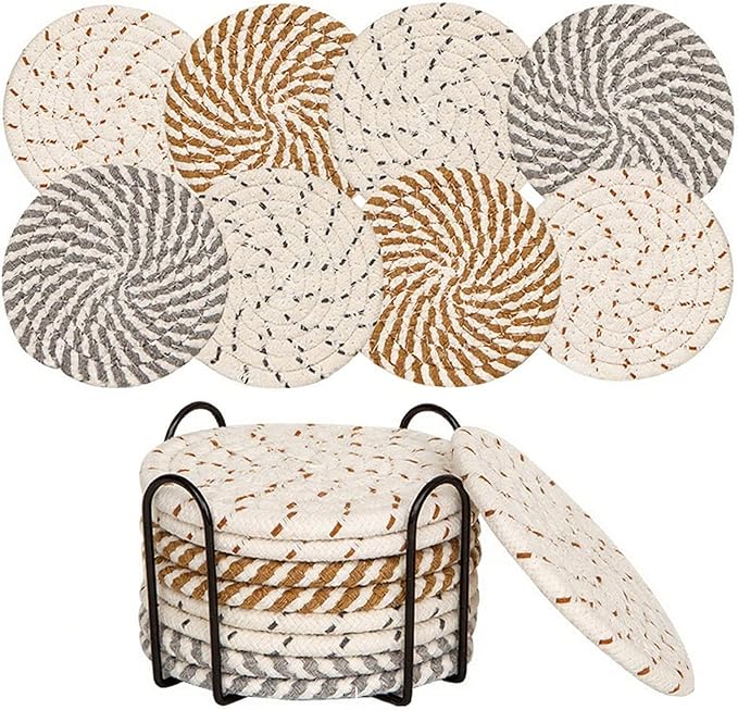 8 Pcs Drink Coasters with Holder, Handwoven Cotton Coasters Set Stackable Absorbent Minimalist Home Decor for Table, Cup, Mug (Thread)
