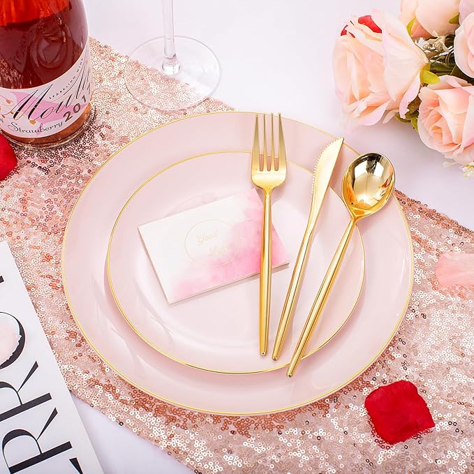 I00000 150 PCS Pink Plastic Plates for Party,Heavy Duty Pink Disposable Plates,Gold Dinnerware Set Include 30 Dinner Plates,30 Dessert Plates,30 Gold Plastic Silverware Set for Valentine's Day