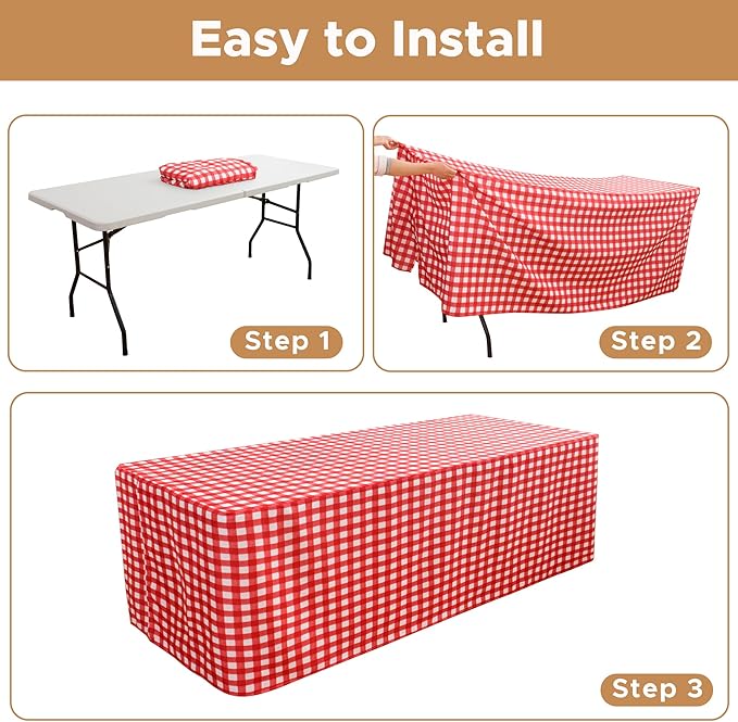 HolidayIdeas 2 Pack Checkered Fitted Table Clothes - 48 x 24 Inch - Rectangle Spring Tablecloths for 4 Foot Tables, Buffalo Plaid Table Covers for Party, Picnic, Trade Show (Red and White)