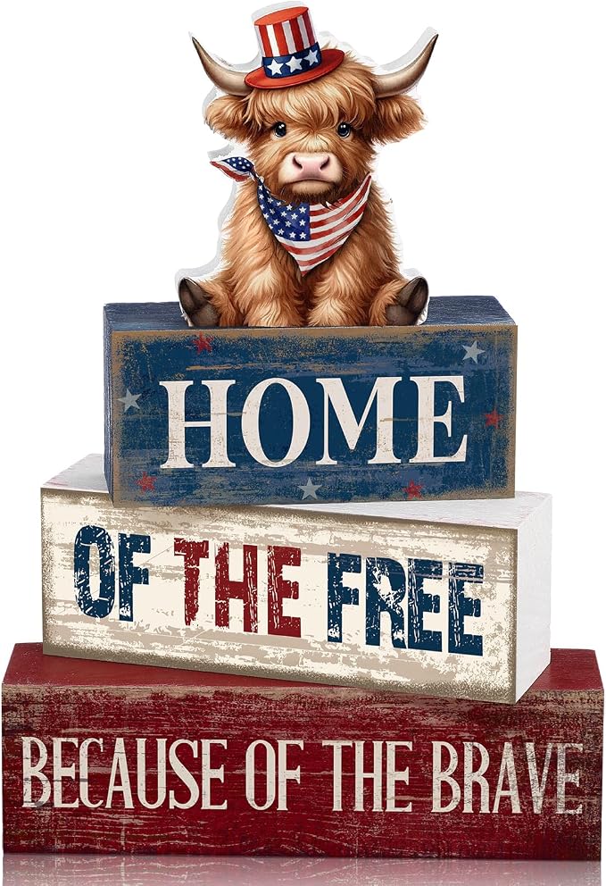 Moucuny 4 Pcs 4th of July Decorations Patriotic Highland Cow Wooden Block Sign by Moucuny
