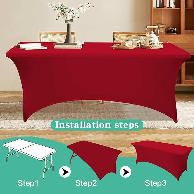 6Pack 8FT Table Cloth for Rectangular Fitted Events Stretch Red Table Covers Washable Spandex Tablecloth Protector for Party, Wedding, Cocktail, Banquet, Festival