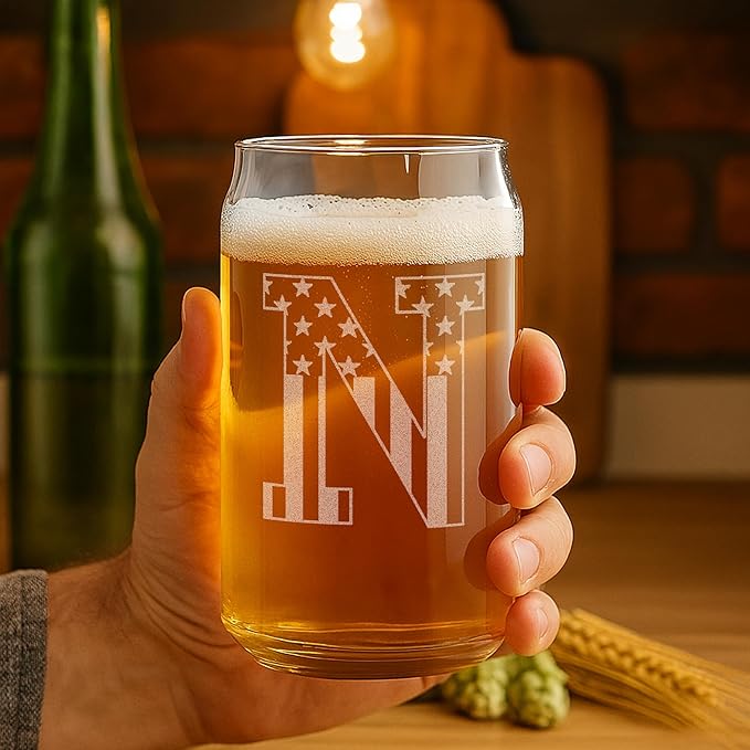 Monogram Beer Glasses for Men (A-Z) 16 oz - Beer Gifts for Men Brother Son Dad Neighbor - Unique Gifts for Him - Personalized Drinking Gift Beer Glass Mugs - Engraved Beer Can Glass (N)