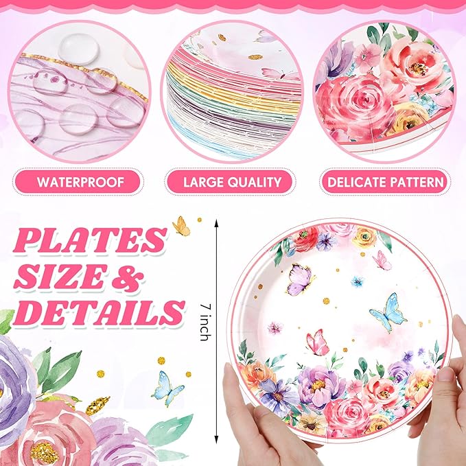 60 Pcs 7 Inch Butterfly Birthday Party Plates Floral Paper Plates Spring Butterfly Party Disposable Dinnerware Decoration for Baby Shower Bridal Wedding Supplies