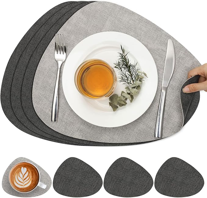 Placemats and Coasters, Washable Placemats Round Faux Leather Wipeable Place Mats Non Slip Heat Resistant Indoor Outdoor Table Mats (Set of 4, Light Gray Gray)