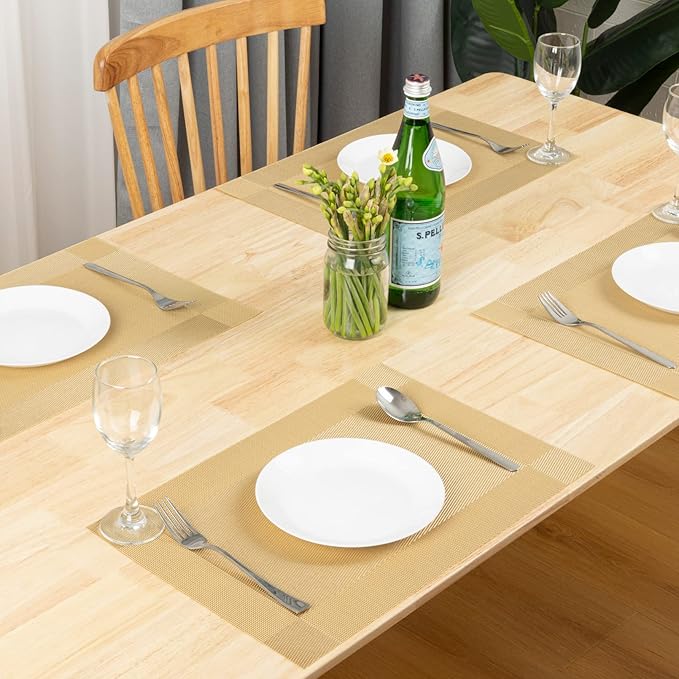Winknowl Placemats Set of 8, Washable Vinyl Woven Placemats, Heat Resistant & Wipeable Table Mats for Kitchen Dining Table (Golden)