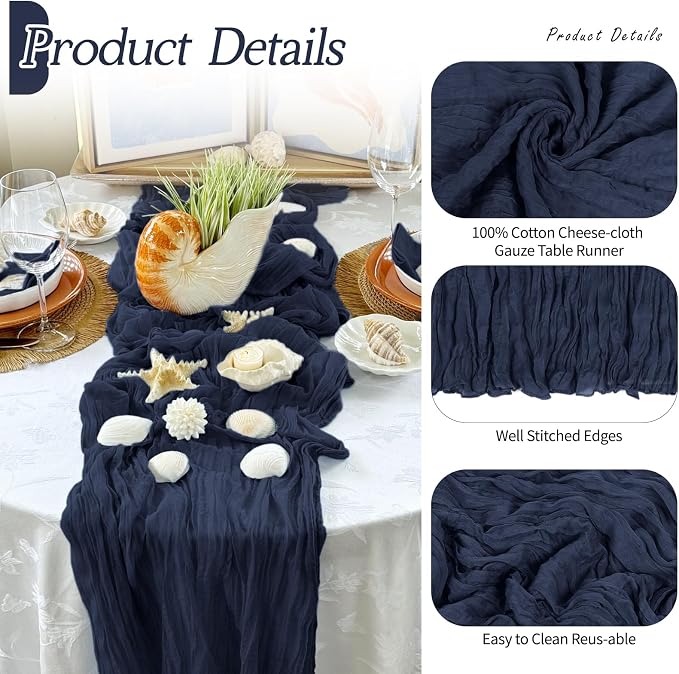 6 Pack Navy Blue Cheesecloth Table Runner 17x108 Inch Semi Sheer Boho Gauze - Image 5
