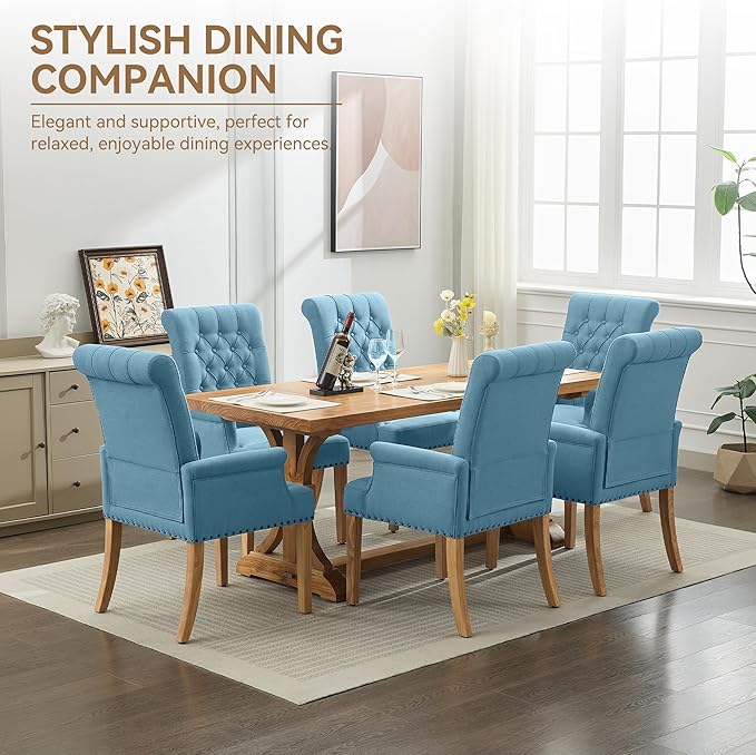 Fabric Dining Chair with Arms, Upholstered Tufted High Back Dining Room Chairs, Accent Armchair with Solid Wood Leg and Nailhead Trim, Kitchen Dining Living Room, Blue