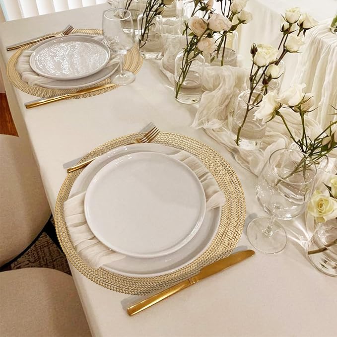 FAVE 4PCS Gold Vinyl Round Placemats, Wheat Sheaf Design 15 Inch Placemats Set of 4 Washable for Dining, Events, Banquet, Home & Daily Use (Gold Wheat,4pcs)