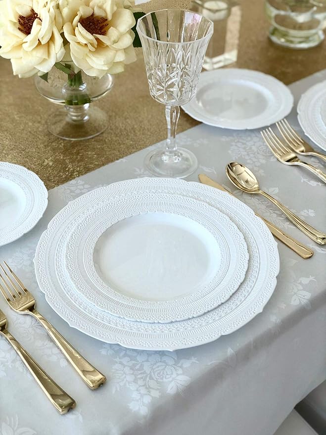 " OCCASIONS " 240 Plates Pack,(120 Guests) Extra Heavyweight Vintage Wedding Disposable/Reusable Plastic Plates 120x11'' Dinner + 120x8.25'' Salad/Dessert Plate (Chateau White)