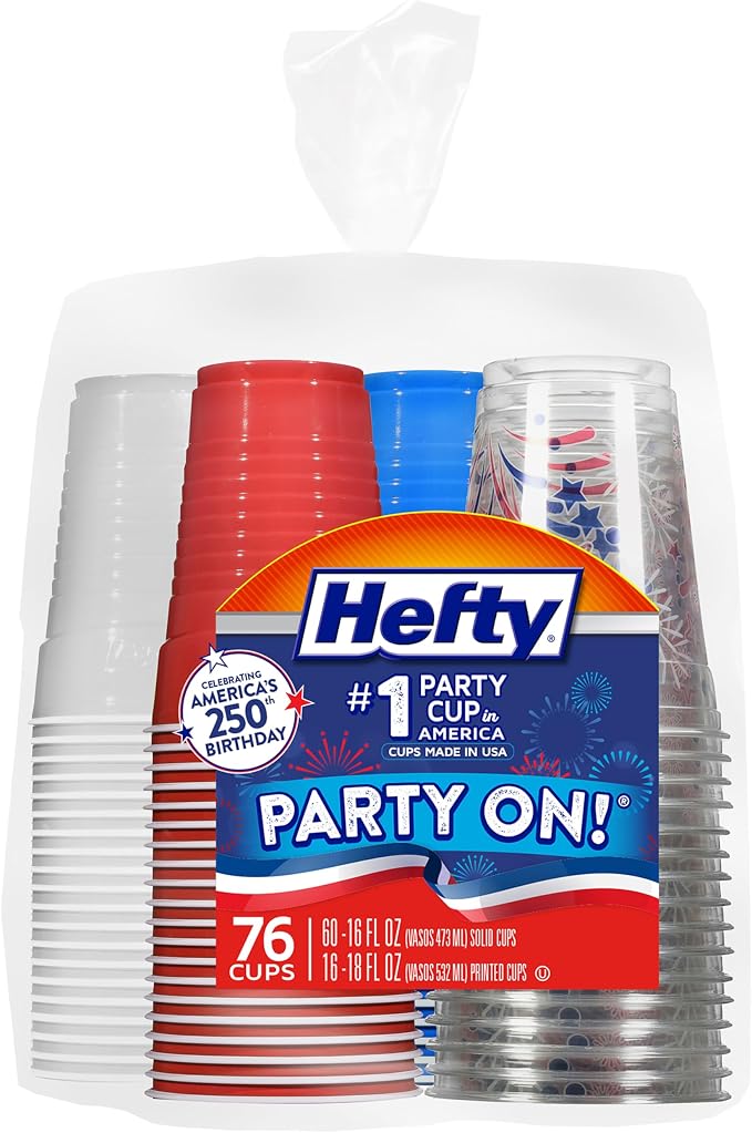 Hefty Party On Disposable Party Cups, Patriotic Color Pack, 76ct | American by Hefty