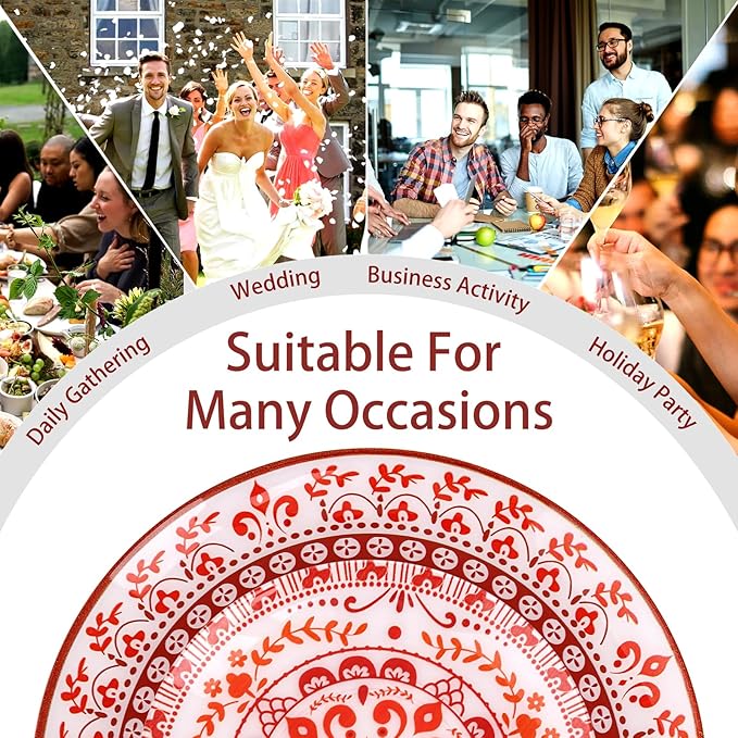 Hioasis 60pcs Red Plastic Plates Set - Floral Red & White Porcelain Design, 10.25" Dinner & 7.5" Dessert Plates Disposable for Christmas (Dishwasher Safe, Traditional Style)