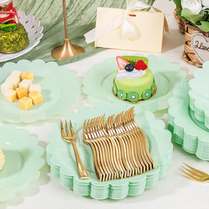 LIYH 200 Pcs Sage Green Plastic Disposable Plates and Gold Forks 7.5 Inch Scalloped Dessert Appetizer Plates, Cake Forks 5" for Wedding Party
