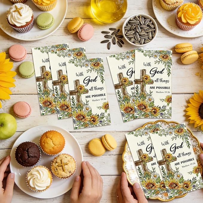 Sunflower Christian Paper Napkins - 100 Pcs Happy Easter Religious Dinner Decorative Disposable Party Decorations Sets for Decoupage Cross Guest Cocktail Table Supplies Decor Bulk 7.9 x 4.3 In